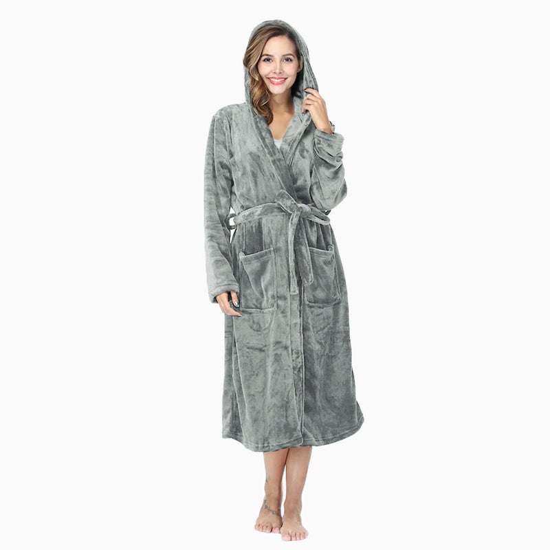 RONGTAI Womens Robes Plush Fleece Hooded Bathrobe Thick Nightgown with Pockets Fluffy Sleepwear (Large, Gray) - Image 3